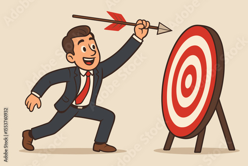 Businessman throwing arrow at target, symbolizing business goal achievement, success, focus, leadership, strategy, determination, motivation, vision, cartoon vector illustration, no text