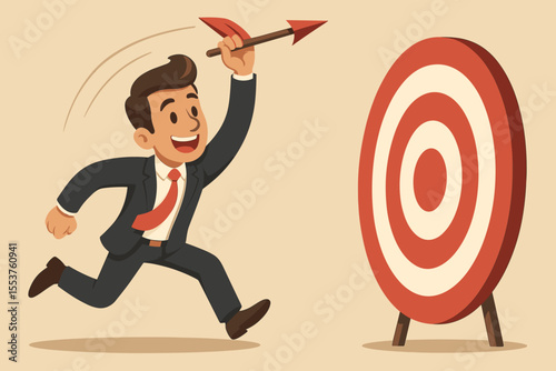 Businessman throwing arrow at target, aiming for business goal achievement, success strategy, leadership, motivation, ambition, opportunity, challenge, vector cartoon illustration