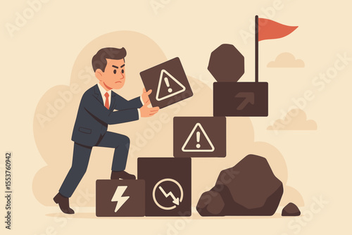 Businessman overcoming adversity and obstacles, building stairs from failure to success, career growth, resilience, leadership, achievement, challenge, motivation, progress, vector illustration