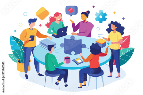 Team members collaborate in a lively brainstorming session to find innovative solutions to challenges during a dynamic meeting at the office