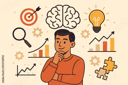 Business decision making concept. Man thinking, analyzing data, solving problems, choosing direction. Brainstorming, strategy, innovation, career change, growth, planning, success, vector illustration