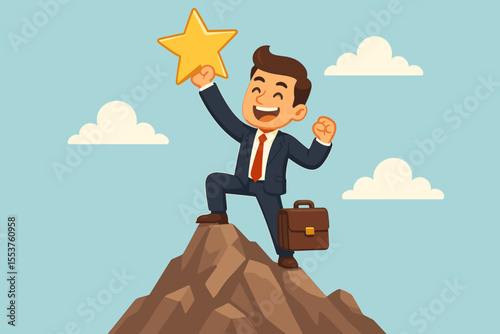 Successful businessman celebrating achievement on mountain peak, holding golden star, symbolizing career victory, leadership, ambition, business goal, motivation, cartoon vector illustration
