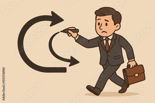 Businessman changing direction in career, drawing turning point arrow, making decision, career shift, business strategy, opportunity, retrace steps, vector cartoon illustration, leadership concept