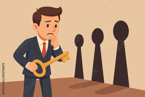 Businessman making difficult decision, holding golden key, choosing correct keyhole, opportunity and success concept, problem solving, career challenge, vector cartoon illustration