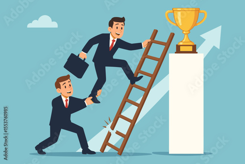 Business teamwork concept. Businessman climbing broken ladder with colleague’s support to reach trophy. Career success, partnership, overcoming obstacles, achieving goals. Vector illustration.