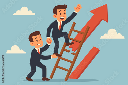 Teamwork business success concept. Businessman helping colleague climb broken ladder to reach upward arrow. Partnership, support, overcoming obstacles, career growth, achievement. Vector illustration