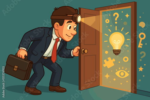 Businessman in Suit Discovering Creative Solutions and New Opportunities. Cartoon Vector Illustration of Man with Briefcase Exploring Doorway to Innovation, Ideas, Secrets, Puzzle, Lightbulb, Key