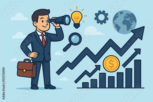 Businessman analyzing market trends and growth opportunities with binoculars. Vector illustration of financial success, investment strategy, global business, innovation, profit, and economic forecast