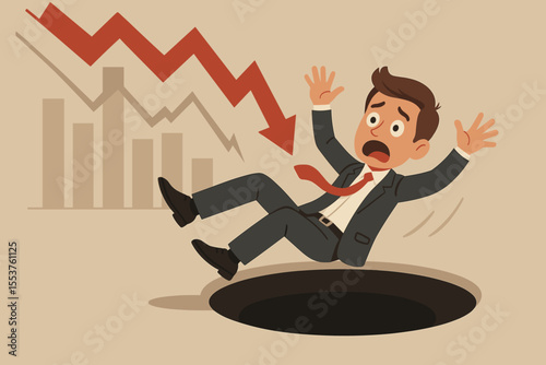 Businessman falling into hole with red downward arrow, financial crisis concept, market crash, recession, bankruptcy, economic loss, risk, cartoon vector illustration, business failure metaphor