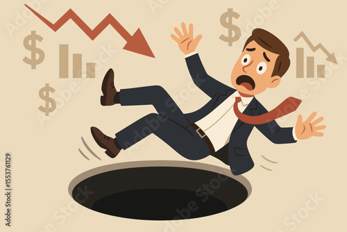 Businessman falling into hole symbolizing financial crisis, market crash, economic downturn, bankruptcy, recession, investment loss, stock decline, risk, business failure, cartoon vector