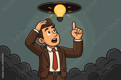 Cartoon businessman discovering creative solution, looking up at glowing light bulb above head, breakthrough idea concept, problem solving, innovation, inspiration, leadership, overcoming challenges