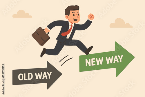 Businessman leaping from old way to new way arrow. Concept of adapting to change, progress, innovation, transformation, business improvement, career growth. Vector cartoon illustration.