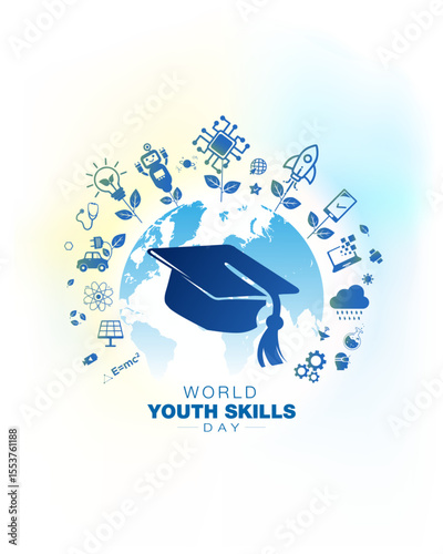 Happy World Youth Skills Day poster. Youth Empowerment through Sustainable Tech, AI, and Digital Skills Education.