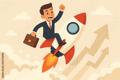 Ambitious businessman riding rocket startup launch, symbolizing innovation, business growth, entrepreneurial success, leadership, new venture, career progress, motivation, achievement, opportunity