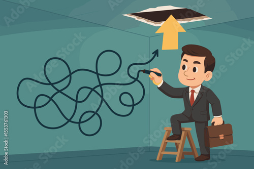 Businessman Solving Complex Problem Escaping Room to Success. Cartoon Vector. Creative Solution, Leadership, Strategy, Breakthrough, Innovation, Overcoming Challenges, Career Growth Concept