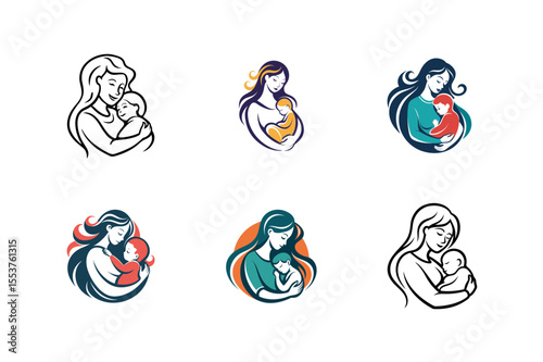 mother and baby stylized symbol mom hugs her child vector art
