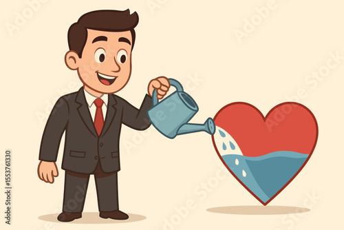 Businessman nurturing heart with watering can, symbolizing motivation, passion, emotional investment, workplace well-being, personal growth, leadership, support, care, and business success concept