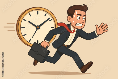 Stressed businessman running late with briefcase, racing against giant clock, time management pressure, urgent deadline, overworked employee, business stress, vector cartoon illustration