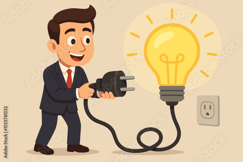 Cartoon businessman in suit plugging giant lightbulb into outlet, concept of innovation, creativity, business idea generation, energy, solution, success, leadership, vector illustration