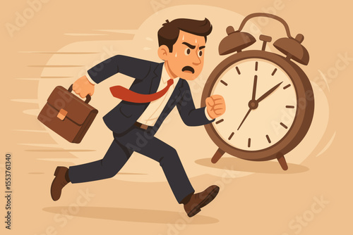 Stressed businessman running late with briefcase, racing against time, managing urgent deadlines, time management concept, business pressure, corporate rush, vector cartoon illustration