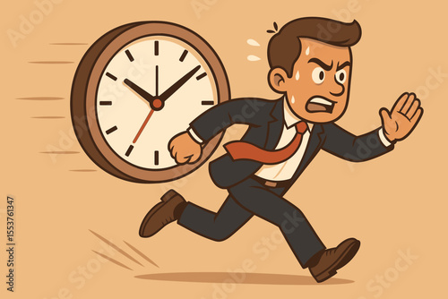 Stressed businessman running from large clock. Time management pressure, workplace deadline rush, overtime, urgency, stress at work, business challenge. Vector cartoon illustration concept.