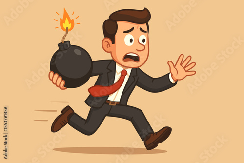 Stressed businessman running with lit bomb cartoon. Deadline pressure, urgent crisis, risk management, business stress, danger, time management, panic, emergency, vector illustration