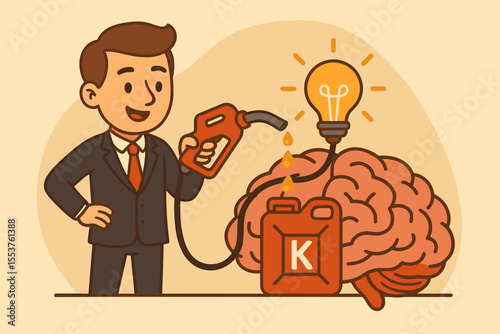 Businessman fueling brain with knowledge metaphor, creative thinking power, idea generation, innovation, intellectual energy, cartoon vector illustration, brainpower concept, light bulb inspiration