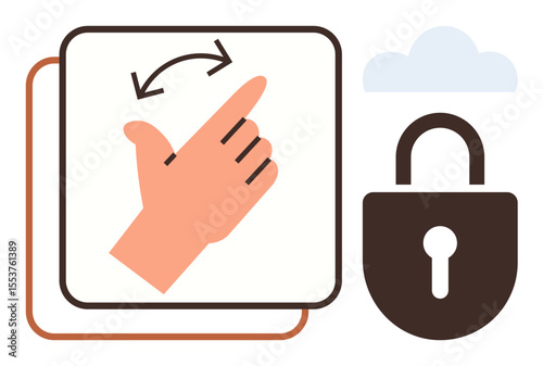 Hand making a swiping gesture with double arrow symbol, lock for security, and cloud icon. Ideal for data protection, privacy, user interface, gestures, cloud storage, authentication simple flat