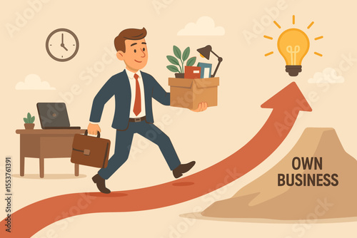 Businessman leaving office job to start own business, career change, entrepreneurship journey, personal growth, new opportunity, vector illustration, business startup concept, motivation