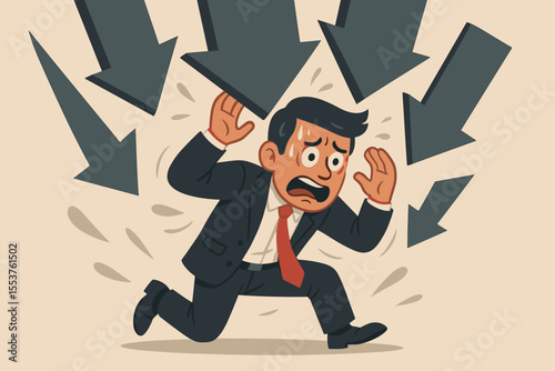Stressed businessman under pressure, overwhelmed by problems, anxiety, and criticism. Concept of workplace stress, fear, burnout, mental health struggle, career crisis. Vector cartoon illustration