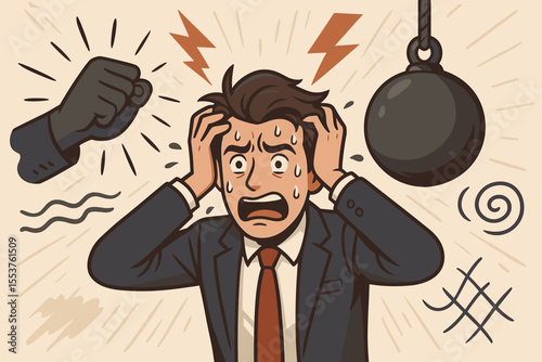Stressed businessman overwhelmed by pressure, anxiety, and workplace conflict. Cartoon vector illustration of career struggle, mental health, burnout, crisis, fear, and emotional overload at work