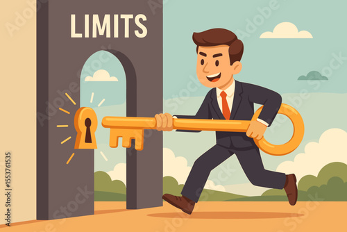 Businessman unlocking potential breaking limits with giant key. Overcoming obstacles, success, achievement, motivation, opportunity, personal growth, challenge, vector cartoon illustration