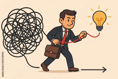 Businessman solving complex problems, untangling chaos, finding innovative solutions, navigating confusion, achieving clarity, business strategy, success concept, vector illustration