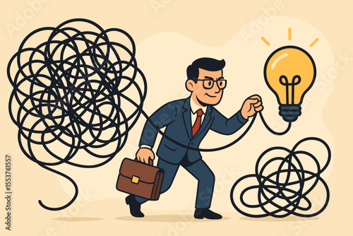 Businessman untangling chaos and solving complex problems, finding creative solutions, navigating confusion, holding light bulb idea, overcoming obstacles, vector cartoon illustration