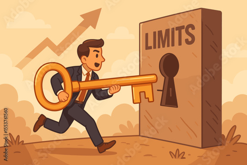 Businessman breaking limits with giant key, unlocking potential, overcoming obstacles, success growth concept, motivation, ambition, opportunity, vector cartoon illustration, upward arrow, achievement