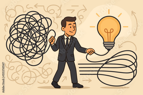 Businessman untangling chaos and solving complex problems, concept of finding creative solutions, clarity from confusion, innovation, leadership, decision making, vector illustration