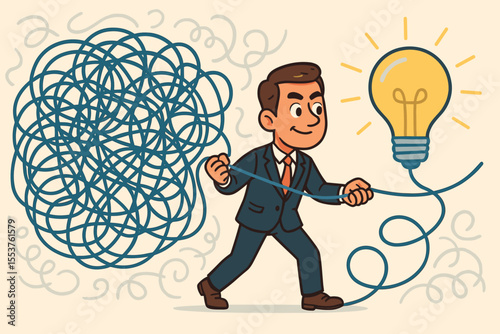Businessman untangling chaos to find solution. Problem solving concept. Tangle to idea metaphor. Complexity to clarity. Vector illustration. Innovation, creativity, leadership, strategy.