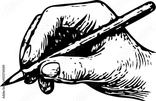 Realistic black-and-white illustration of a human hand gripping a pencil in writing position, detailed with fine linework and shading—ideal for drawing references or educational purposes