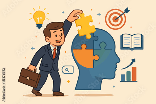 Businessman enhancing professional skills and knowledge. Concept of personal development, career growth, learning, problem solving, innovation, goal achievement. Vector illustration, puzzle head