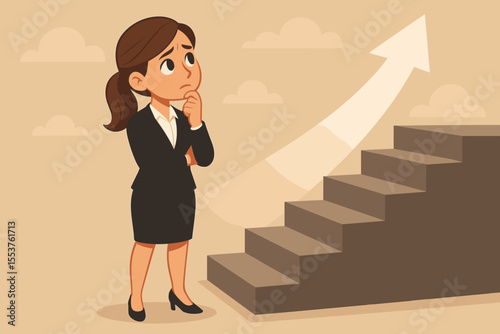 Ambitious businesswoman pondering next career step, decision making for professional growth, success strategy, opportunity, staircase with upward arrow, leadership, vector cartoon illustration