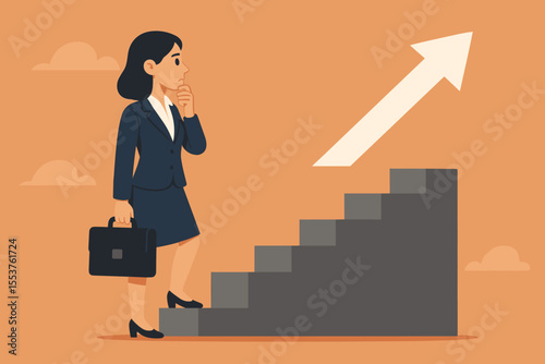 Ambitious businesswoman climbing stairs to career growth and success. Professional female leader making decision, holding briefcase. Opportunity, progress, leadership, motivation concept illustration