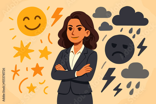 Confident businesswoman surrounded by positive and negative emotions, mindset choice, mental health, mood management, stress vs optimism, success concept, cartoon vector illustration