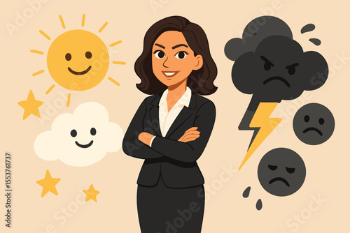 Confident businesswoman surrounded by positive and negative emotions, mindset and attitude concept, happy sun and cloud, sad storm cloud, emotional intelligence, mental health vector illustration