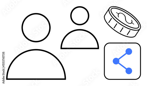 Outlines of two persons, a coin with a dollar sign, and a sharing icon in blue. Ideal for teamwork, connection, resources, finance, networking, collaboration simple landing page