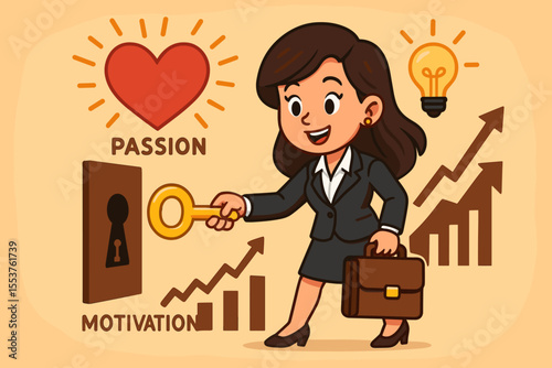 Ambitious businesswoman unlocking passion and motivation for career success with golden key, heart, lightbulb, growth chart, briefcase. Vector cartoon illustration. Personal development concept