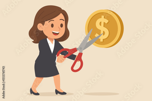 Businesswoman cutting dollar coin with scissors, financial cost reduction, budget management, savings, expense control, cartoon vector illustration, economic strategy, money saving concept