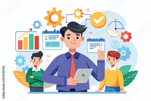 Team collaboration during project management illustrated through engaging cartoon vectors featuring diverse characters and colorful charts