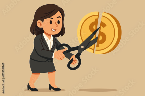 Businesswoman cutting dollar coin with scissors, financial crisis, cost reduction, budget management, savings, economic downturn, expense control, cartoon vector illustration, corporate finance