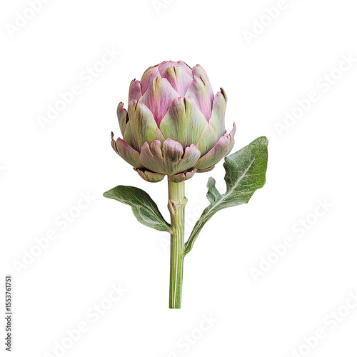 A single fresh green and pink artichoke bud with textured leaves and stem isolated on transparent background