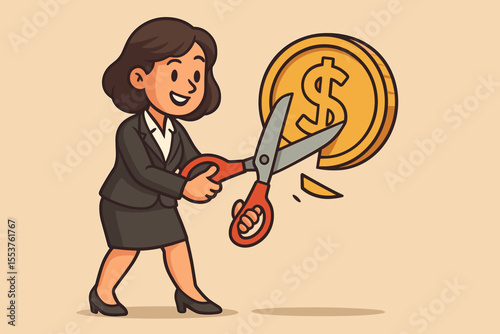Businesswoman cutting dollar coin with scissors, concept of cost reduction, budget management, financial savings, expense control, cartoon vector illustration, economic strategy, finance planning